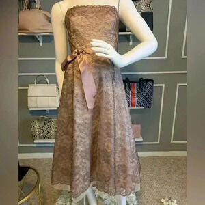 BCBGMaxAzria Gold Taupe Lace Midi Dress Strapless Cocktail Formal Size 6. #320